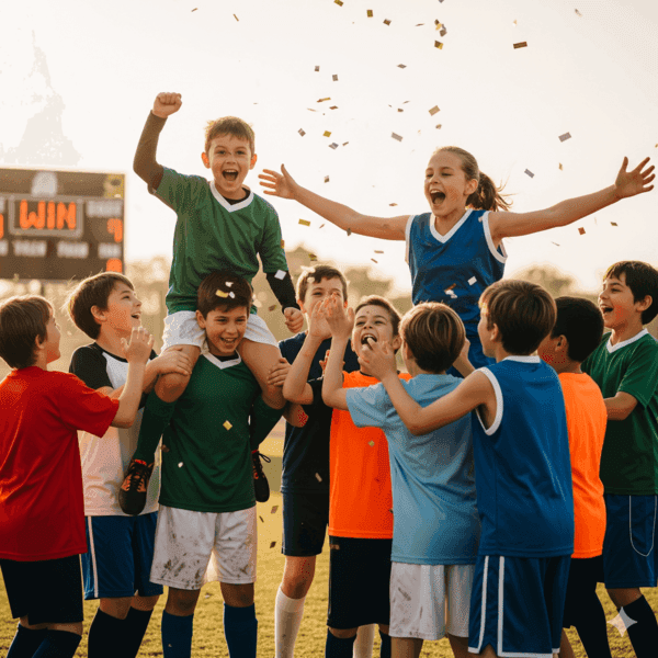 Atletas de um time de futebol de base comemorando a conquista de um campeonato
